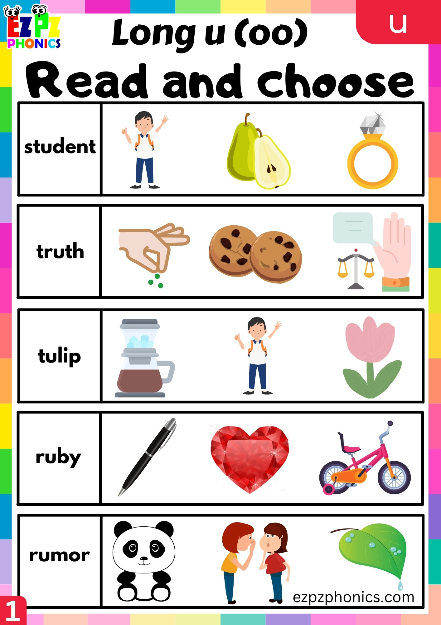 Read and Choose the Correct Images u Words Long u (oo) Sound